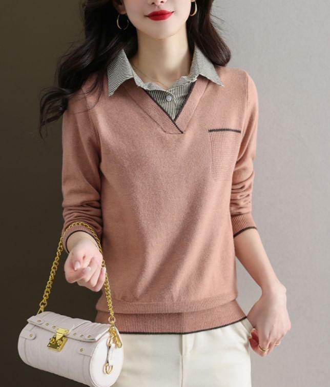 Collar Plain Mock Two-Piece Striped Panel Sweater product image