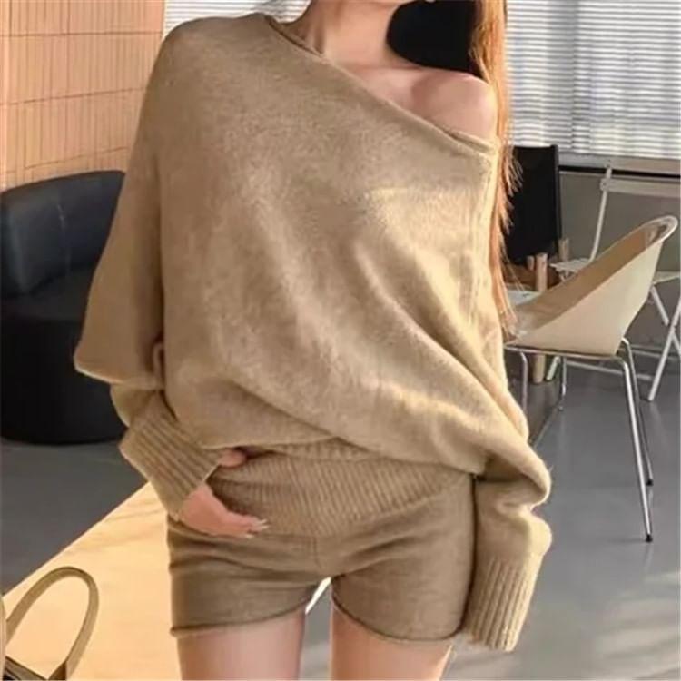 Set: Cold-Shoulder Puff-Sleeve Plain Sweater + High Waist Shorts Product Image