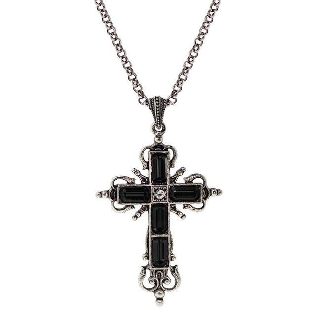 Silver-Tone Black Crystal Cross Necklace Product Image