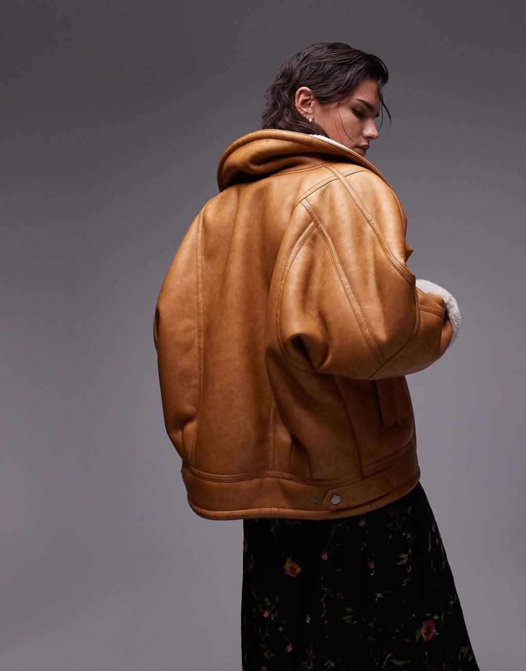 Topshop shearling jacket in tan Product Image