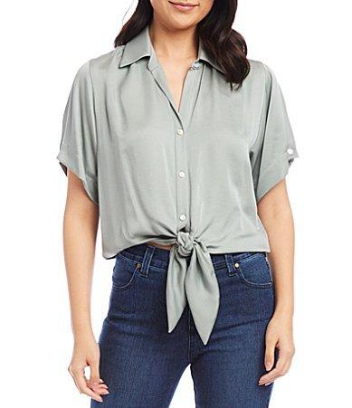 Karen Kane Soft Satin Point Collar Short Sleeve Tie Front Top Product Image