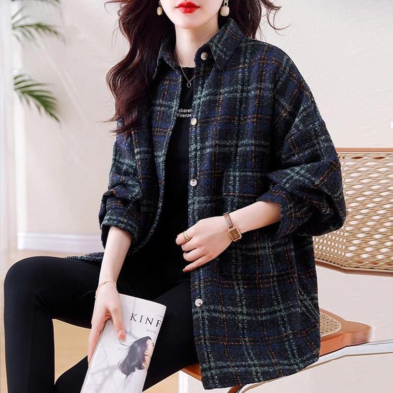 Long Sleeve Collared Plaid Shirt Jacket Product Image