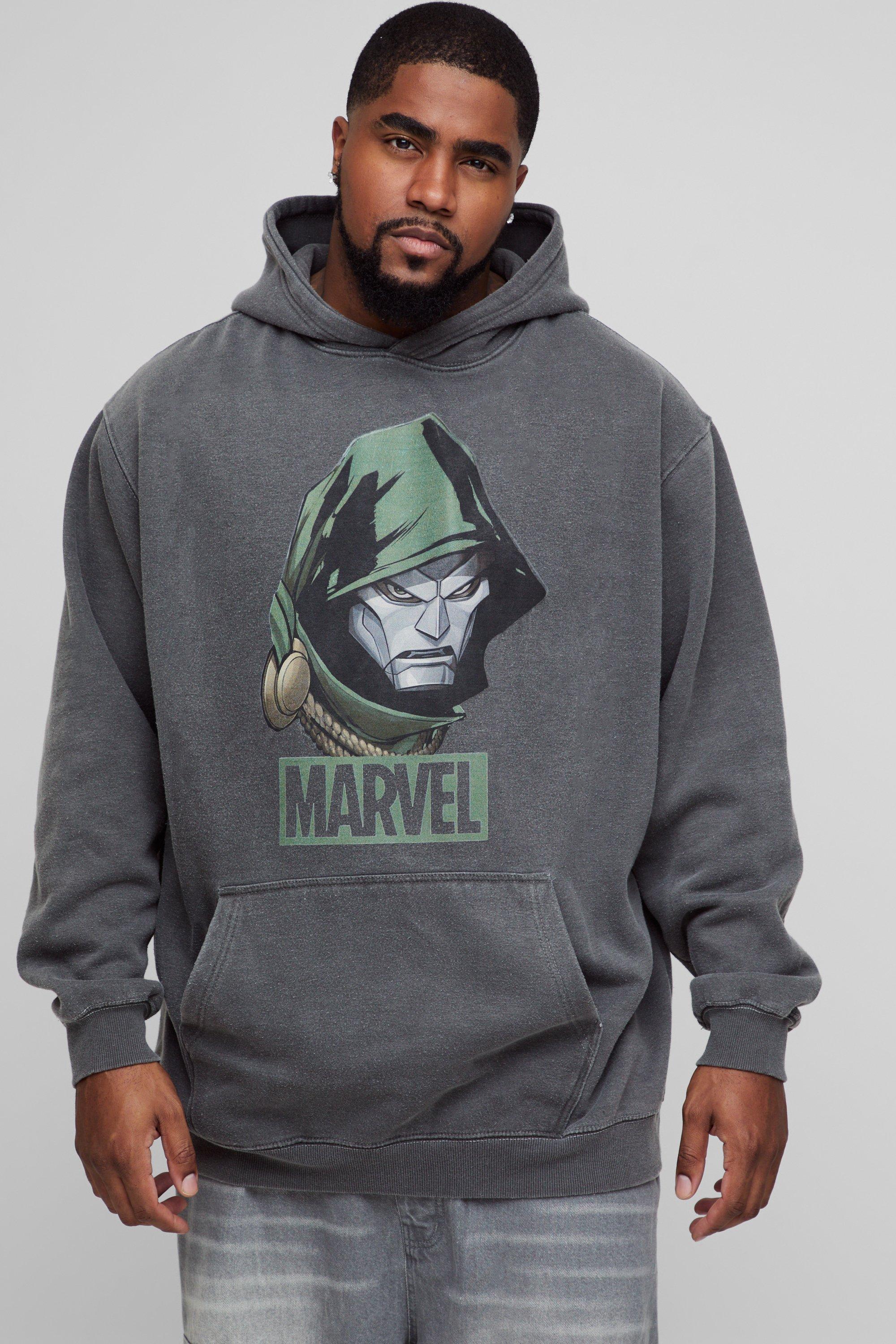 Plus Oversized Wash Marvel Dr Doom License Print Hoodie | boohooMAN USA Product Image