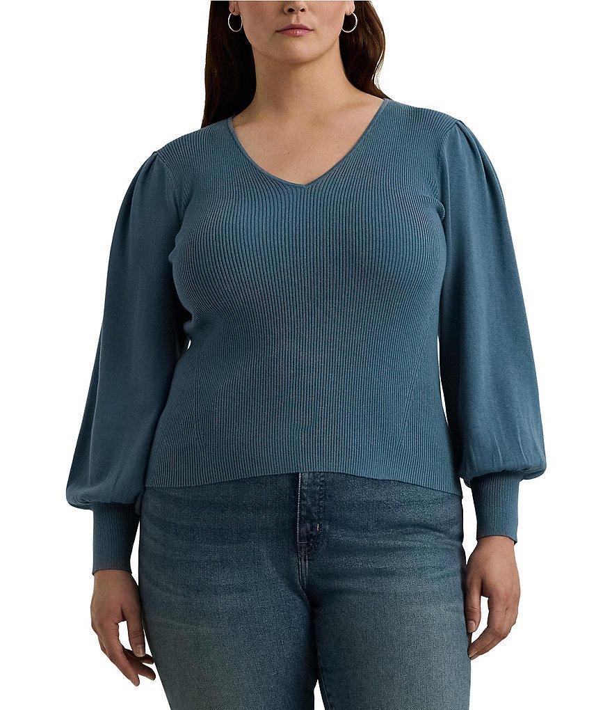 Lauren Ralph Lauren Plus Size V-Neck Voluminous Long Blouson Sleeve Slim Fit Sweater Product Image