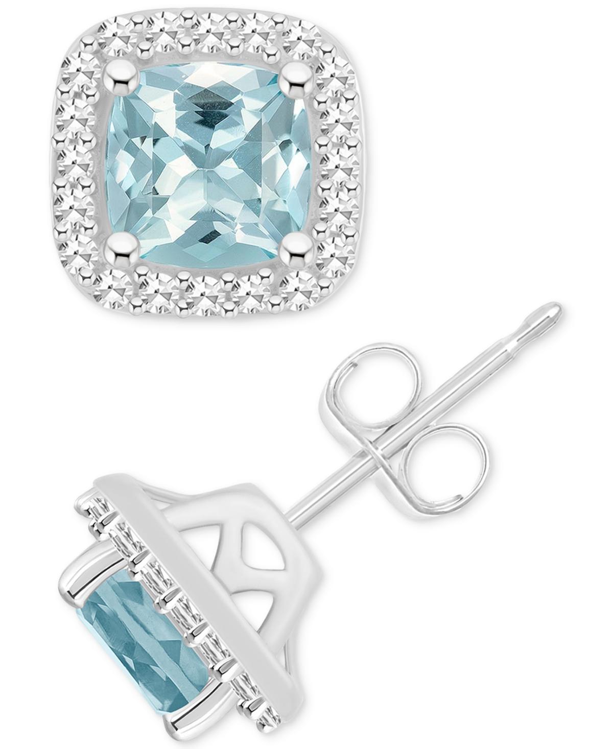 Aquamarine (1 ct. t.w.) & Diamond (1/5 ct. t.w.) Cushion Halo Stud Earrings in Sterling Silver Product Image