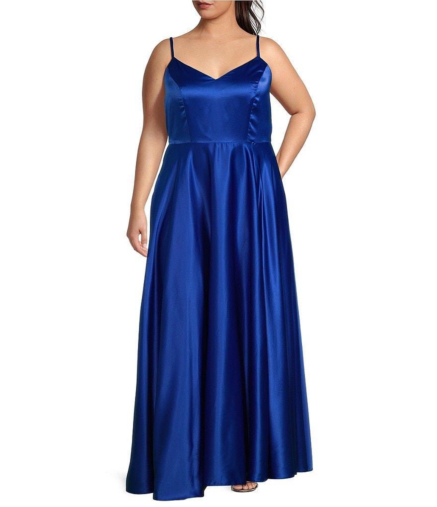 B. Darlin Plus Sleeveless Spaghetti Strap V-Neckline Charmeuse Long Gown Product Image