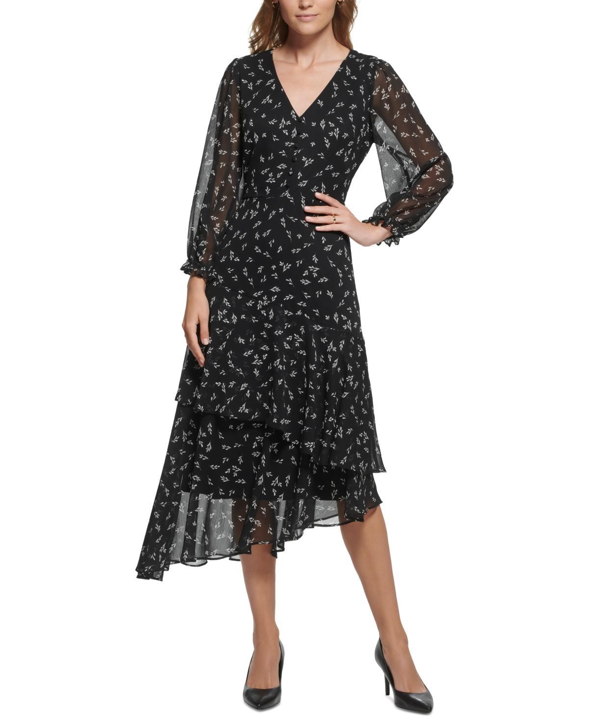 Karl Lagerfeld Paris Womens Floral Tiered Asymmetric Dress - Black Combo Product Image