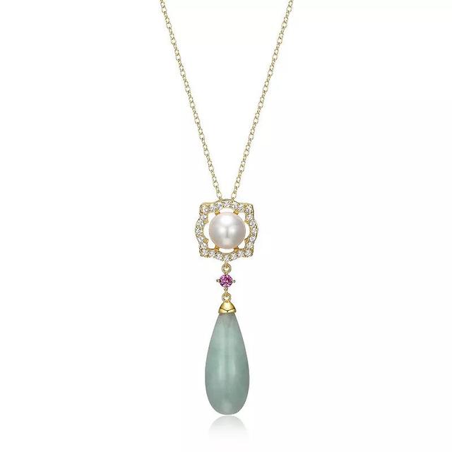 Dynasty Jade 18k Gold over Sterling Silver Genuine Jade, Freshwater Cultured Pearl, White Topaz, & Lab-Created Pink Sapphire Teardrop Pendant Necklace, Womens Gold Tone Product Image