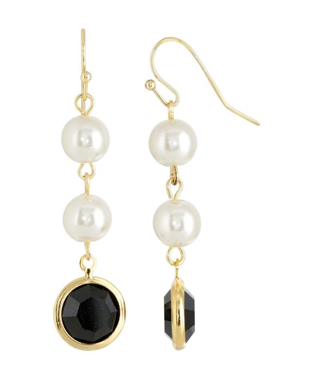 1928 Gold Tone Simulated Pearl & Crystal Drop Earrings, Womens, Black Product Image