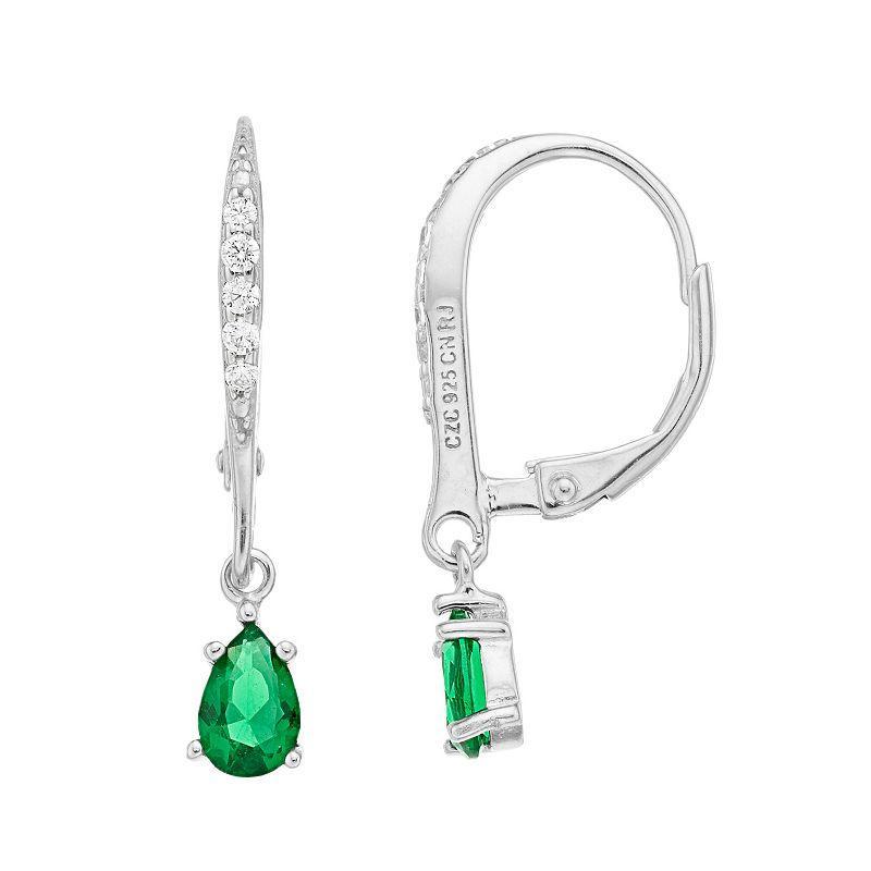 Sterling Silver Green Cubic Zirconia Teardrop Drop Earrings, Womens, White Product Image