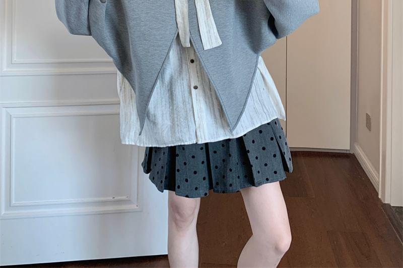 Long-Sleeve Striped Pocket Detail Shirt / Melange Asymmetrical Pullover / Dotted Pleated Mini A-Line Skirt Product Image