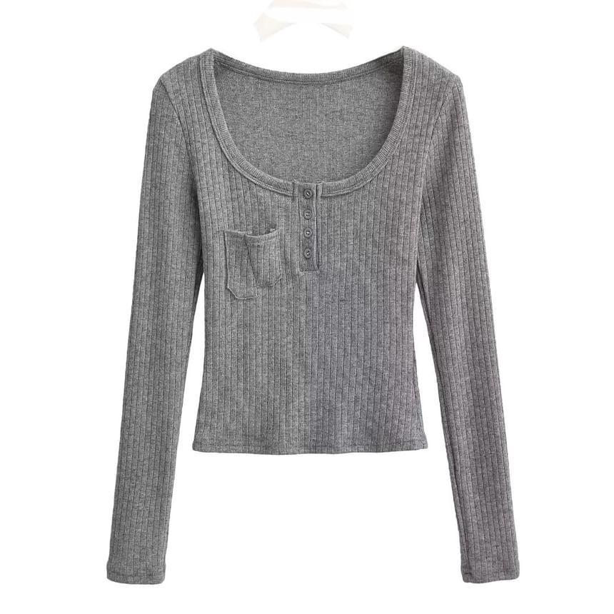 Long Sleeve Scoop Neck Henley Plain Ribbed Cropped Top Product Image