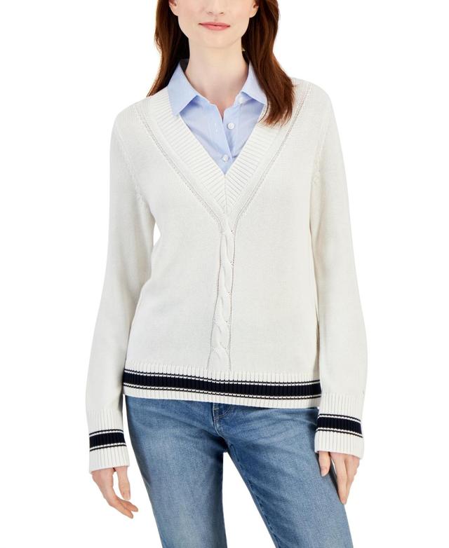 Tommy Hilfiger Womens Cable-Knit Contrast-Trim V-Neck Sweater - Ivory/ Sky Captain/ Cornflower Blue/ Product Image