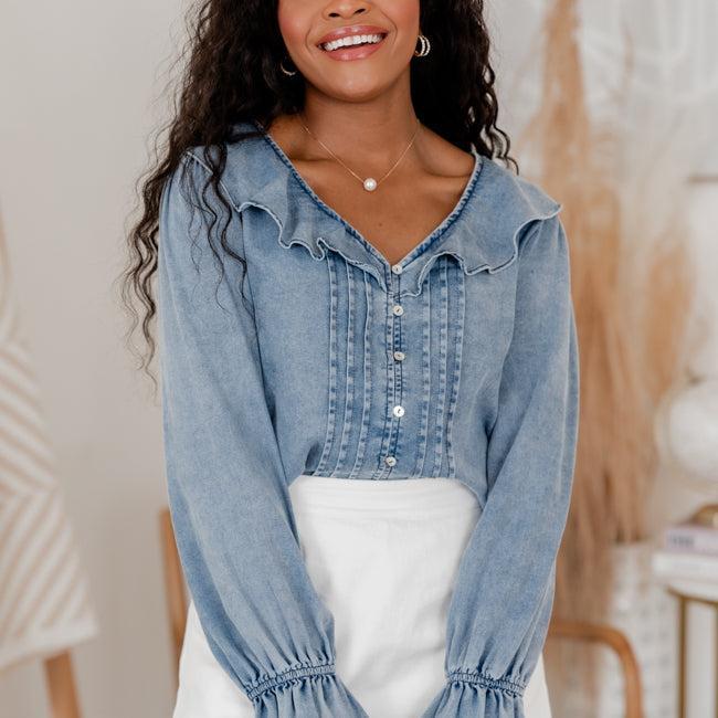 In The Details Medium Wash Chambray Ruffle Detail Top Product Image