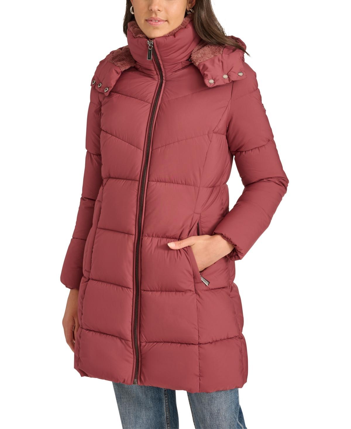 Calvin Klein Womens Hooded Faux-Fur-Lined Midi Puffer Coat Product Image