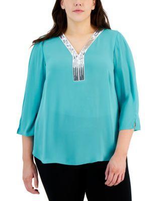 Plus Size Sequined-Neck 3/4-Sleeve Top, Created for Macy's Product Image