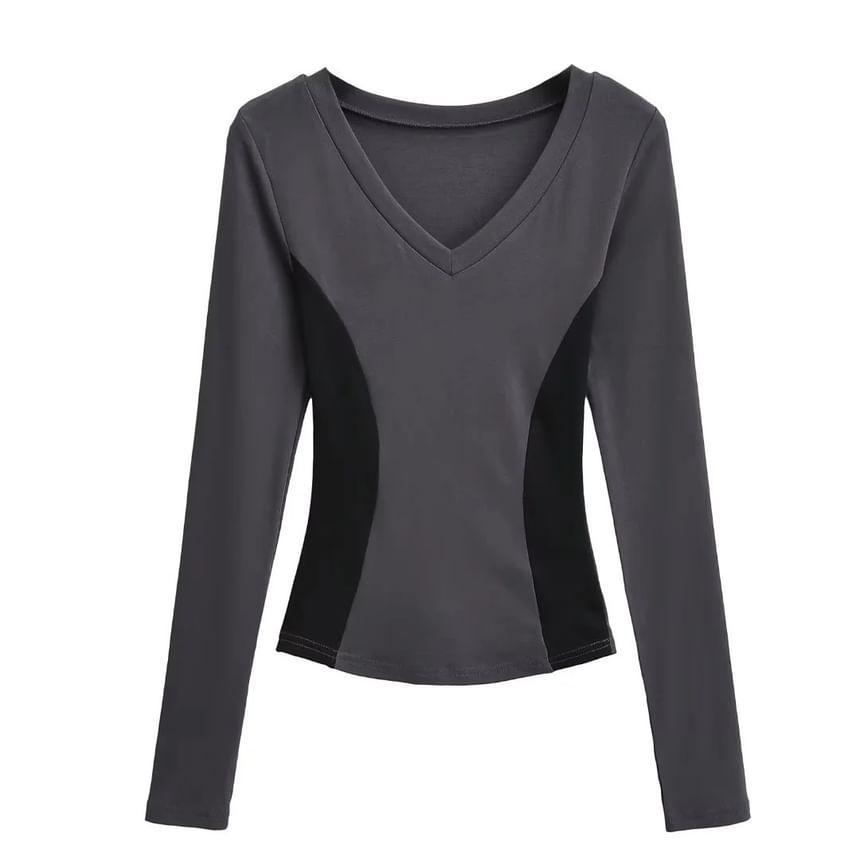 Long Sleeve V-Neck Two Tone Panel Tee Product Image