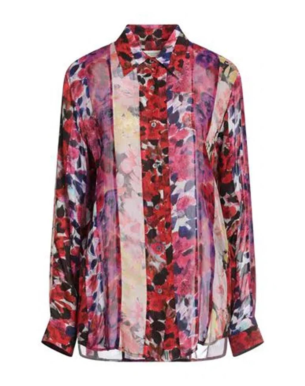 Paneled Floral-print Crepe Shirt In Red product image