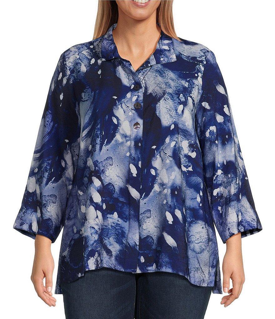 Ali Miles Plus Size Woven Abstract Print Wire Collar 3/4 Sleeve Hi-Low Hem Button-Front Tunic Product Image