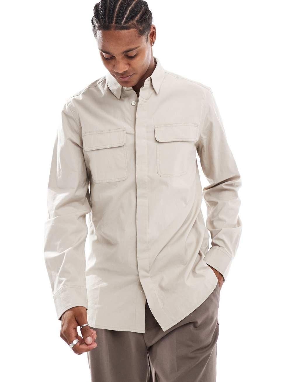 French Connection shirt with double breast pockets in stone Product Image