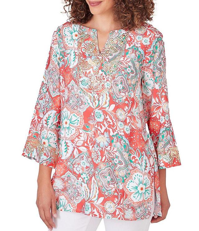 Ruby Rd. Petite Size Woven Medallion Floral Split V-Neck 3/4 Sleeve Voile Top Product Image