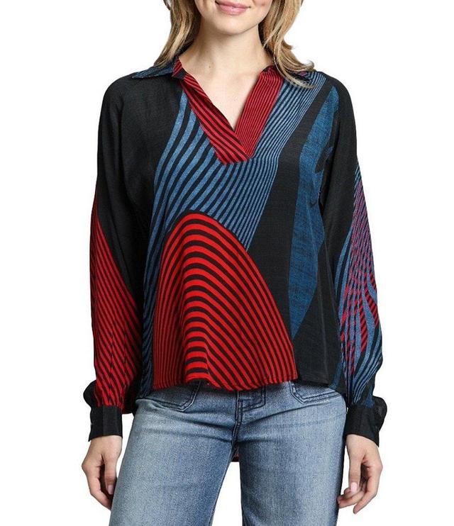 APNY Abstract Stripe Print V-Neckline Long Flounce Sleeve Blouse Product Image