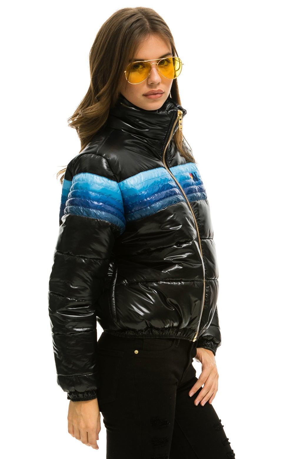 5 STRIPE LUXE APRES PUFFER JACKET - GLOSSY BLACK // BLUE STRIPES Female Product Image