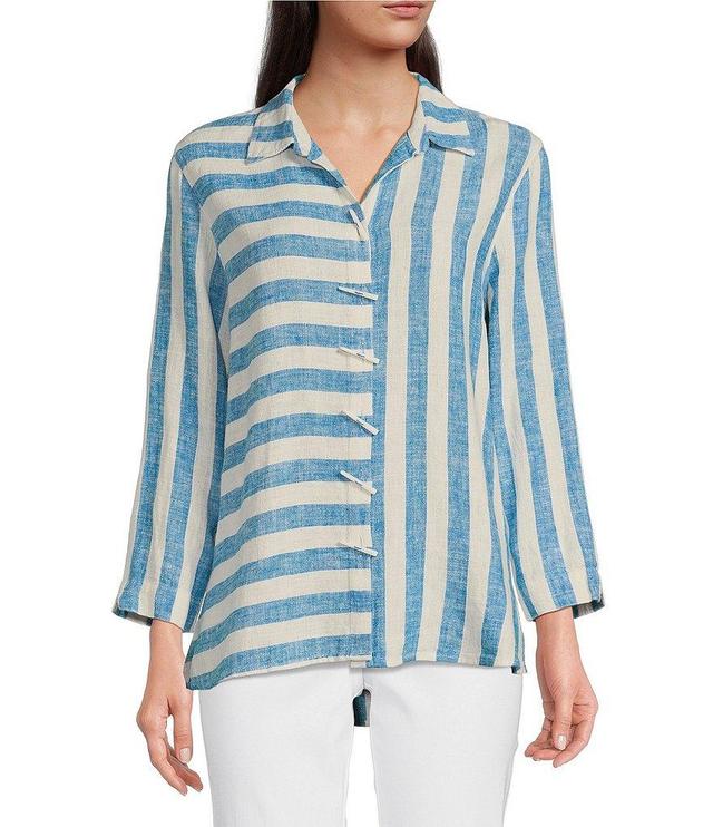 Ali Miles Petite Size Yarn Dye Stripe Print Point Collar 3/4 Sleeve High-Low Hem Button-Front Tunic Product Image