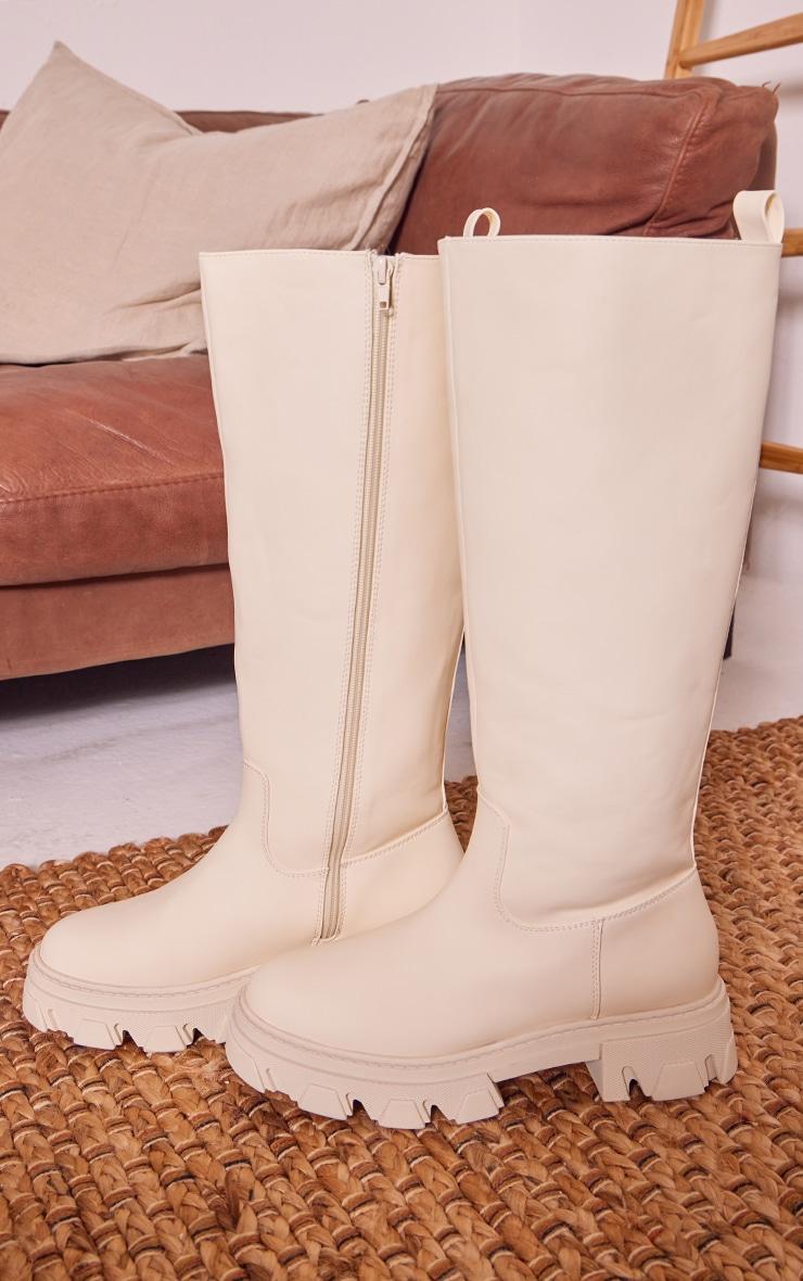 Beige Pu Round Toe Knee High Boots Product Image