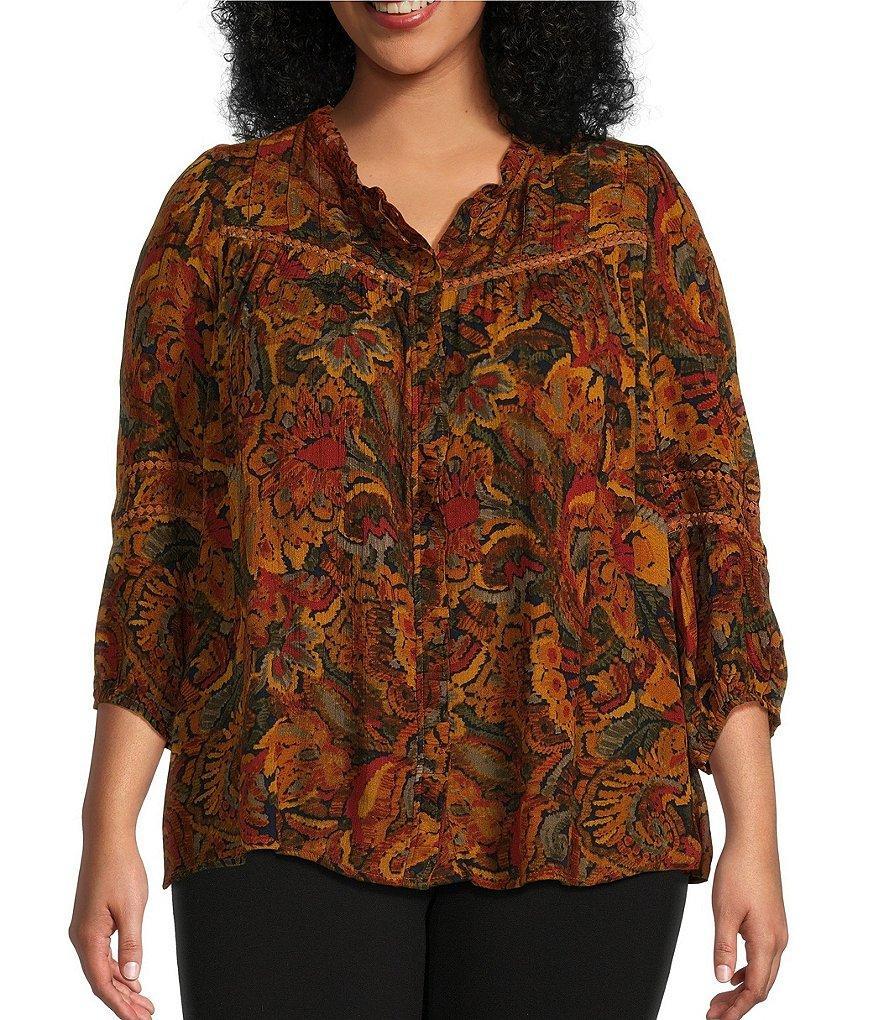 Intro Plus Size Crinkle Gauze Tapestry Print Split V-Neck 3/4 Sleeve Lace Inset Pleated Peasant Top product image