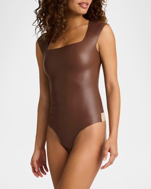 Cap-Sleeve Faux Leather Bodysuit Product Image