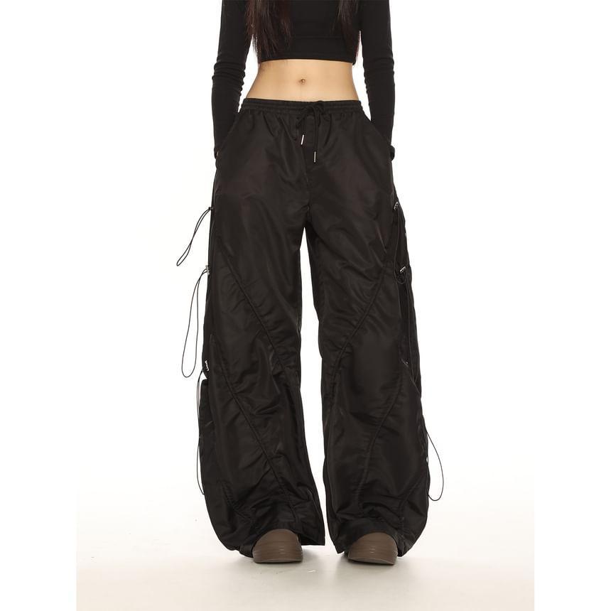 Drawstring Waist Plain Wide Leg Cargo Pants Product Image