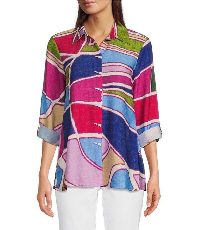 Ali Miles Petite Size Woven Abstract Print Point Collar Roll-Tab Sleeve Button-Front Tunic Product Image