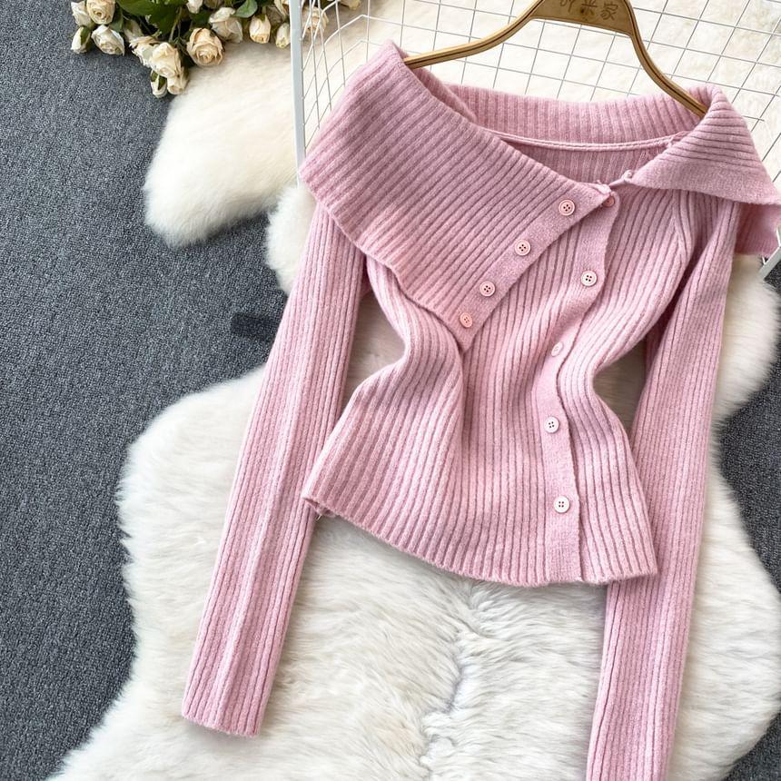 Asymmetrical Neck Plain Ribbed Sweater Product Image