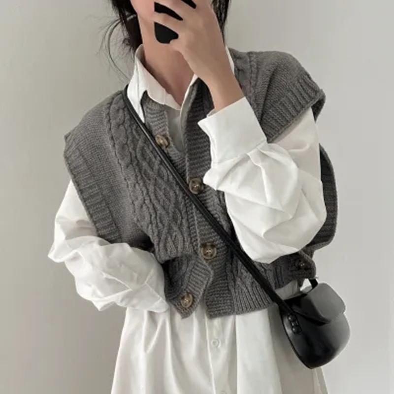 Short-Sleeve Plain Cable-Knit Cardigan Product Image