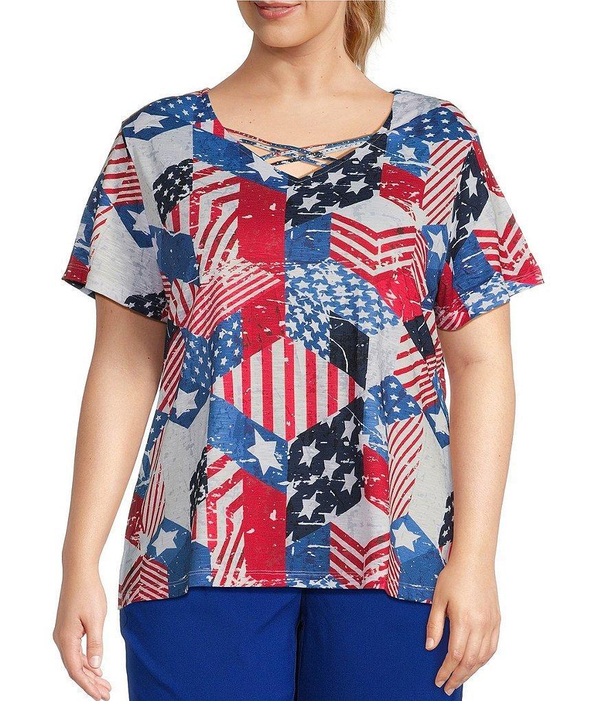 Allison Daley Plus Size Flag Patchwork Print Short Sleeve Criss Cross V-Neck Knit Top Product Image