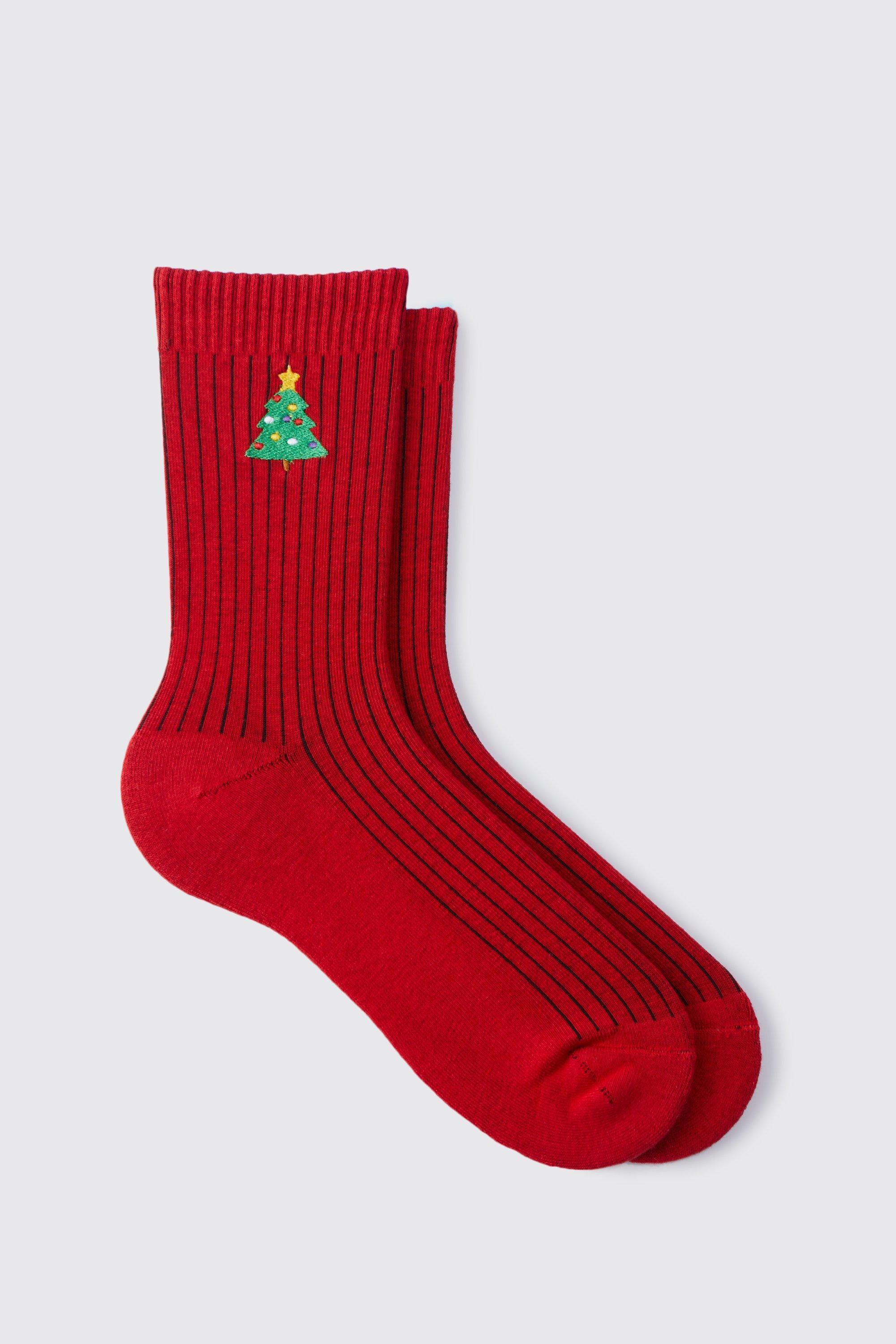 Mens Christmas Tree Embroidered Socks, Red Product Image