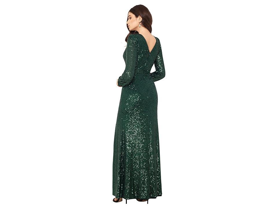 XSCAPE Long Sleeve Long V-Neck Sequin Gown (Hunter) Women's Evening Product Image