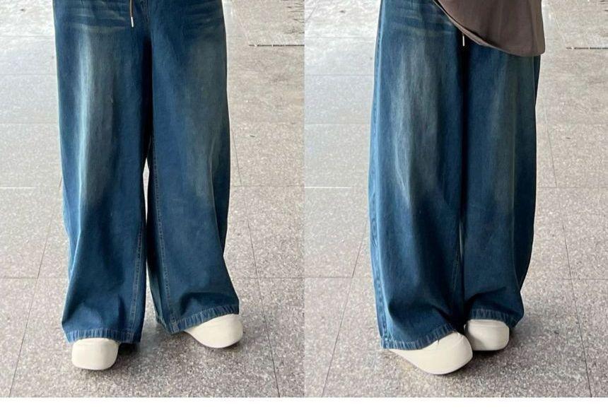 Plus Size High Waist Washed Wide Leg Jeans Product Image