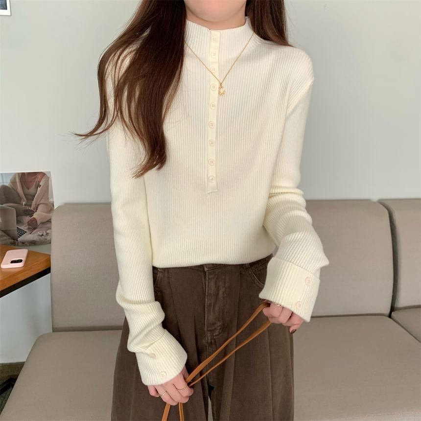 Long-Sleeve Mock Neck Half Buttoned Plain Knit Top Product Image