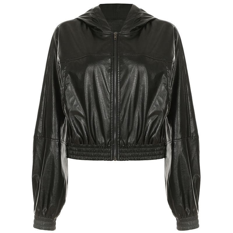 Long Sleeve Faux Leather Zip-Up Hooded Crop Jacket Product Image