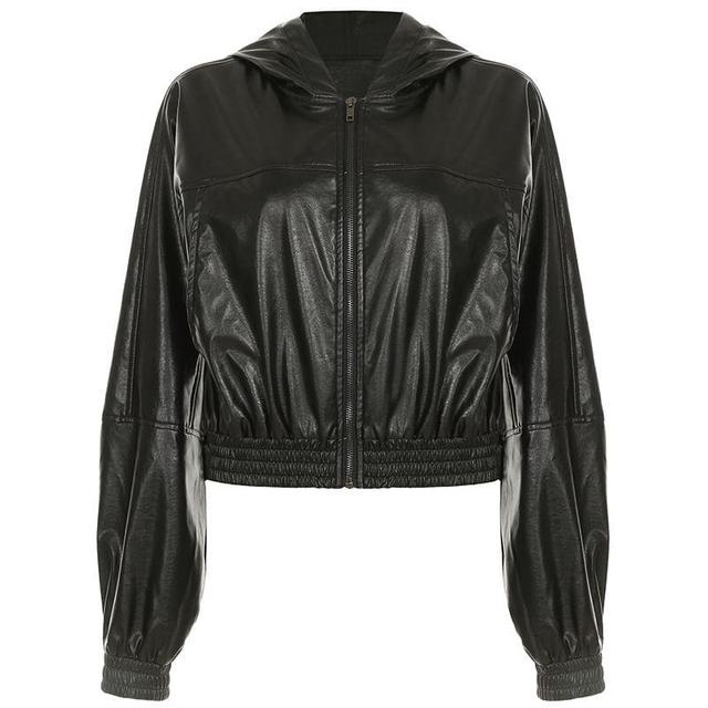 Long Sleeve Faux Leather Zip-Up Hooded Crop Jacket Product Image