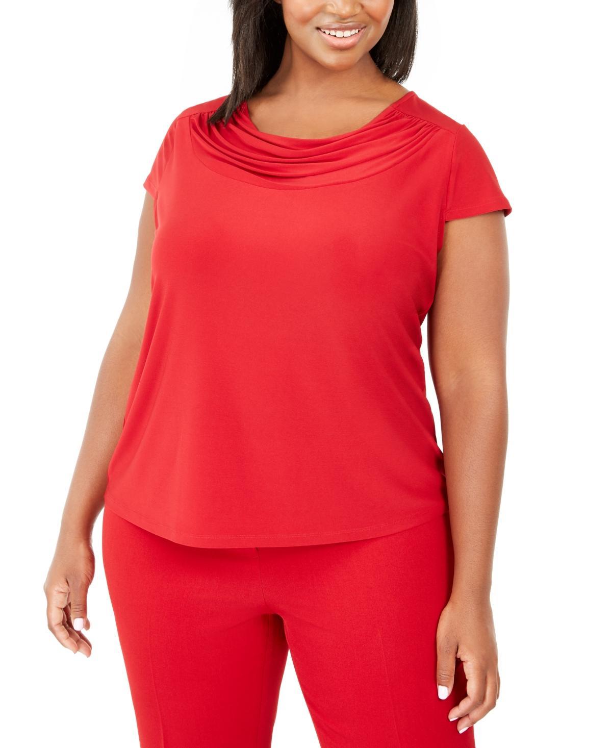 Kasper Plus Size Stretch Knit Short-Sleeve Cowl-Neck Top Product Image