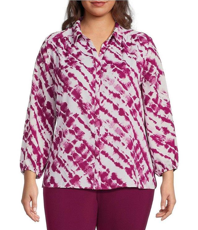 Investments Plus Size Woven Tie-Dye Batik Point Collar Long Sleeve Button Front Top Product Image