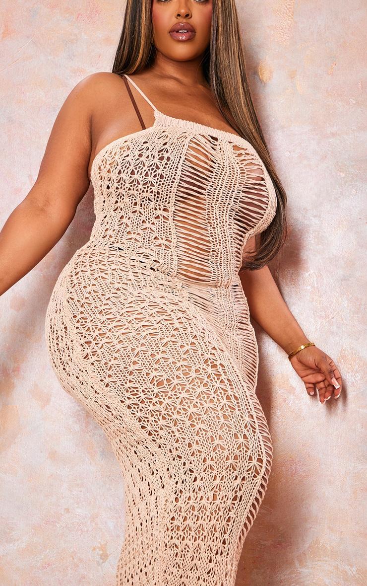 Plus Beige Crochet Strappy Maxi Dress Product Image