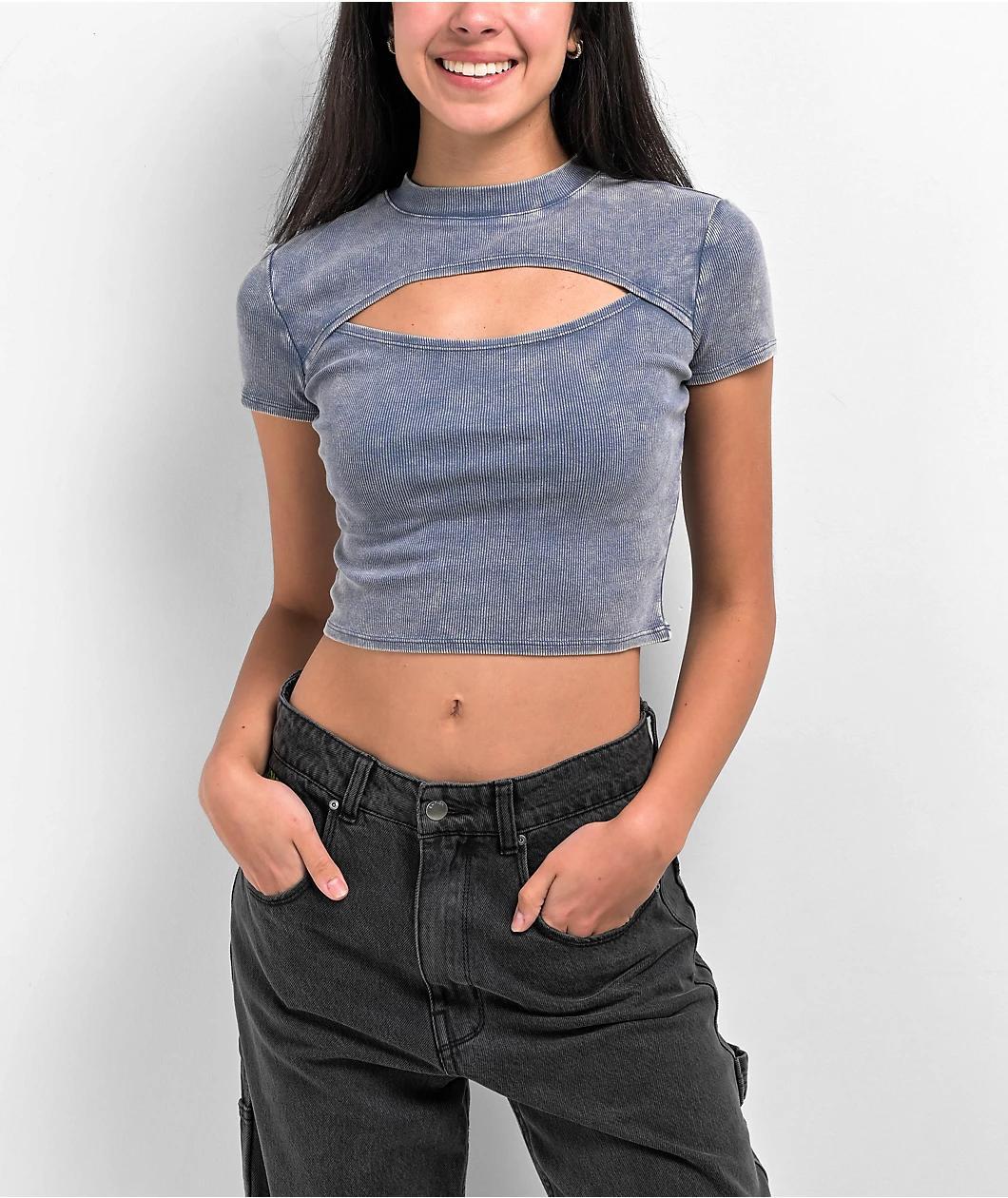 Ninth Hall Fundamentals Cuddie Blue Wash Cutout Fitted Crop Top Product Image