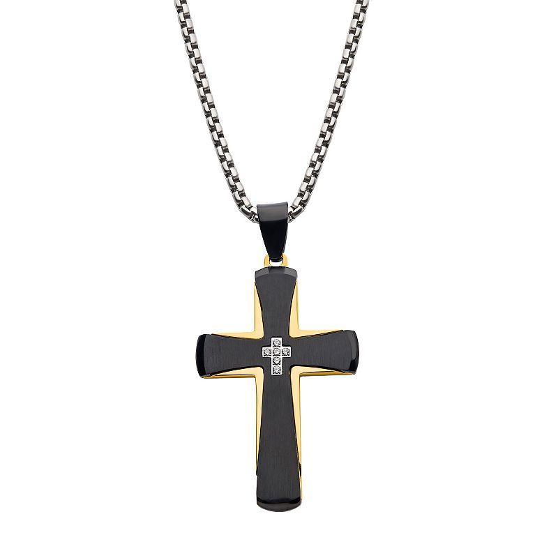 Mens Black & Gold Tone Ion-Plated Stainless Steel Cross Pendant Necklace with Cubic Zirconia Accents Product Image