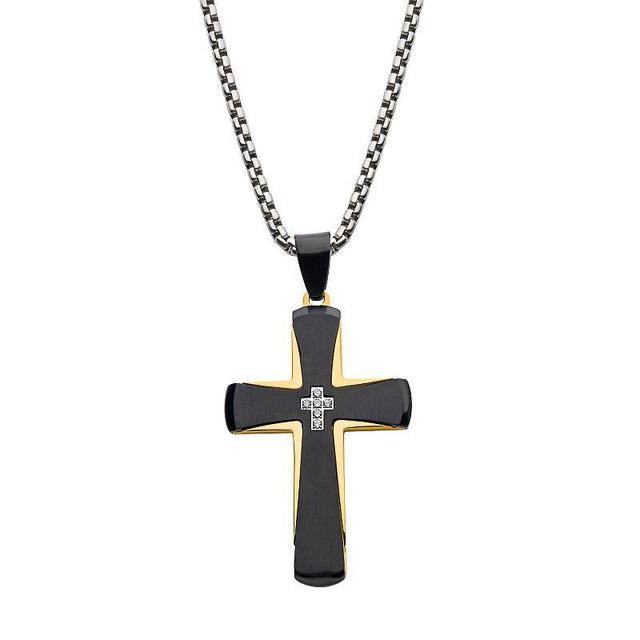 Mens Black & Gold Tone Ion-Plated Stainless Steel Cross Pendant Necklace with Cubic Zirconia Accents Yellow Product Image