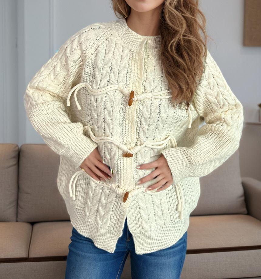 Crew Neck Plain Cable Knit Toggle Cardigan Product Image