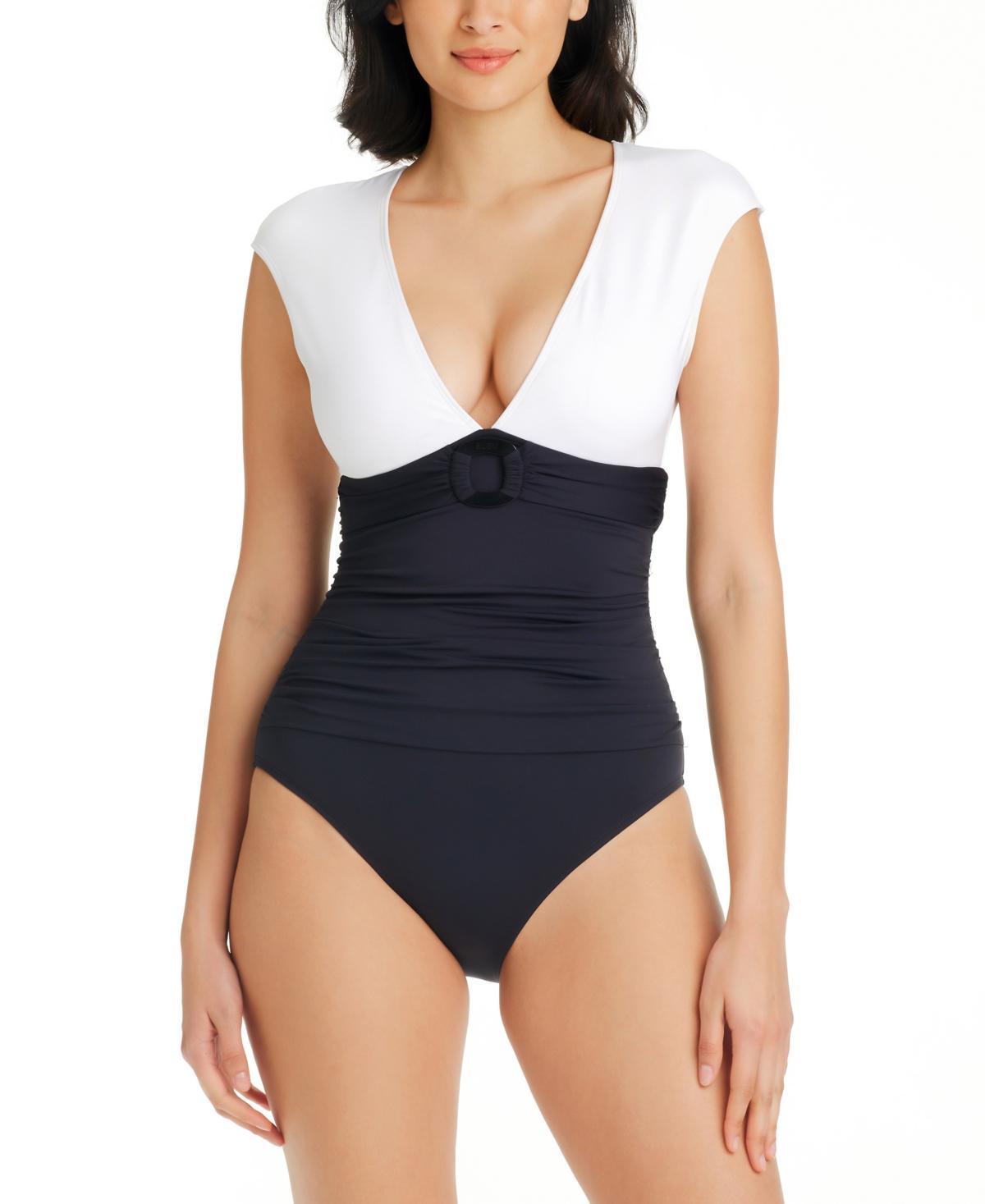 Bleu by Rod Beattie Womens Graphic Measures Cap Sleeve One-Piece Swimsuit - Black Product Image